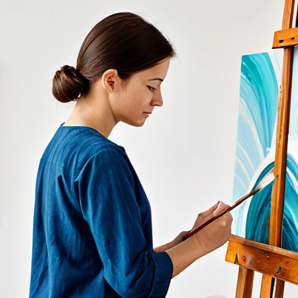 A calm adult person, fully clothed in modest, comfortable attire, gently engaged in painting an abstract artwork on a canvas in a bright, peaceful art studio. The person's expression is focused and serene, reflecting introspection and emotional processing. Well-formed hands are holding a brush, adding strokes of vibrant colors. The background features art supplies neatly arranged. This image emphasizes mental wellness and self-discovery through art, with perfect anatomy, correct proportions, and a natural pose. Appropriate content, professional dress, safe for work, family-friendly, high quality studio photography, clear focus.