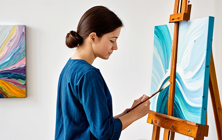 A calm adult person, fully clothed in modest, comfortable attire, gently engaged in painting an abstract artwork on a canvas in a bright, peaceful art studio. The person's expression is focused and serene, reflecting introspection and emotional processing. Well-formed hands are holding a brush, adding strokes of vibrant colors. The background features art supplies neatly arranged. This image emphasizes mental wellness and self-discovery through art, with perfect anatomy, correct proportions, and a natural pose. Appropriate content, professional dress, safe for work, family-friendly, high quality studio photography, clear focus.