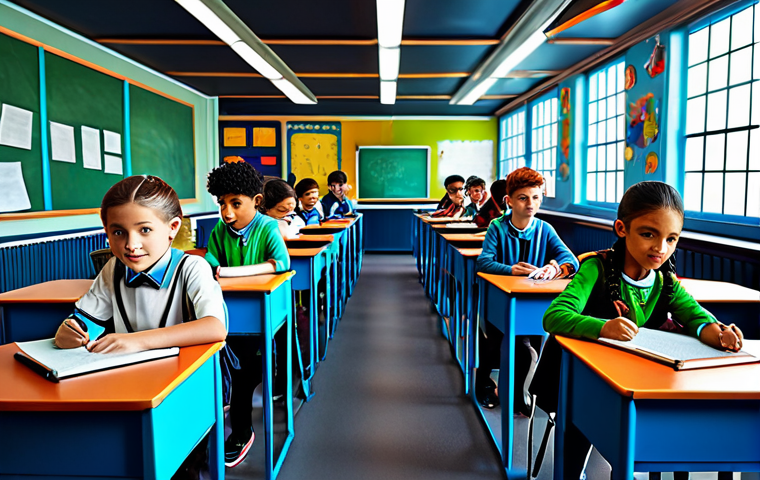 미술과 STEAM 교육 - **Prompt:** A vibrant and futuristic STEAM classroom filled with diverse, engaged children aged 8-