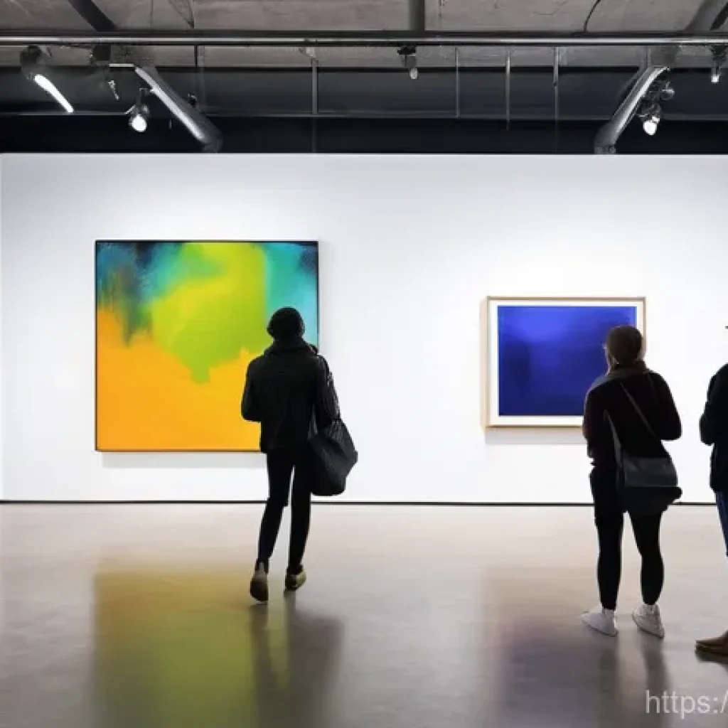 미술과 경제 예술 시장 NFT 아트 갤러리 경영 - **Prompt:** "A vibrant, contemporary art gallery bustling with a diverse crowd of modern art enthusi...