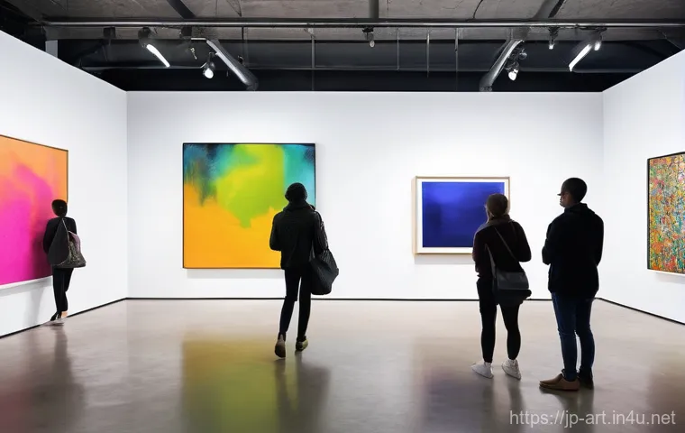 미술과 경제  예술 시장 NFT 아트 갤러리 경영 - **Prompt:** "A vibrant, contemporary art gallery bustling with a diverse crowd of modern art enthusi...