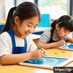미술 교육과 예술 법률 - A vibrant art classroom scene in a modern Japanese elementary school, filled with diverse children w...