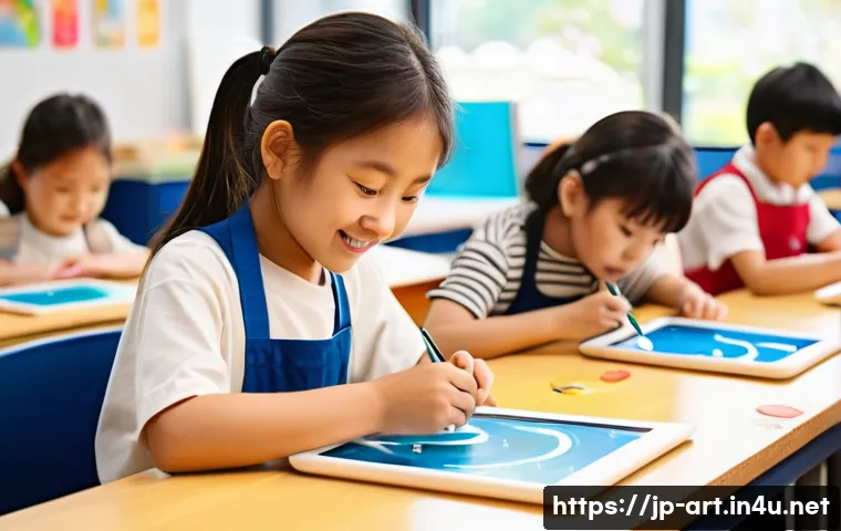 미술 교육과 예술 법률 - A vibrant art classroom scene in a modern Japanese elementary school, filled with diverse children w...
