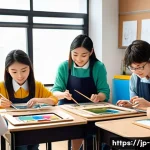 미술 교육을 위한 블렌디드 러닝 - A vibrant art classroom scene showing a diverse group of Japanese high school students attentively e...