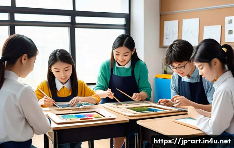 미술 교육을 위한 블렌디드 러닝 - A vibrant art classroom scene showing a diverse group of Japanese high school students attentively e...