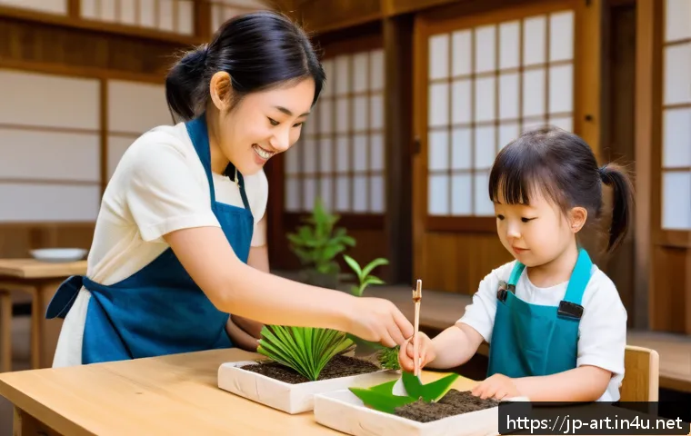 미술 교육과 지속 가능 예술 - A vibrant hands-on workshop scene where children wearing casual clothing and aprons, with at least o...