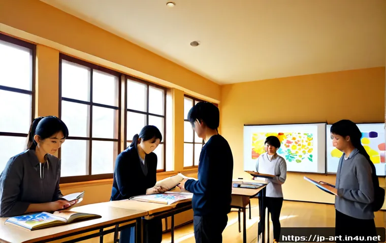 미술 교육과 데이터 기반 예술 - Photorealistic contemporary art classroom in Japan, diverse adult students and a friendly instructor...