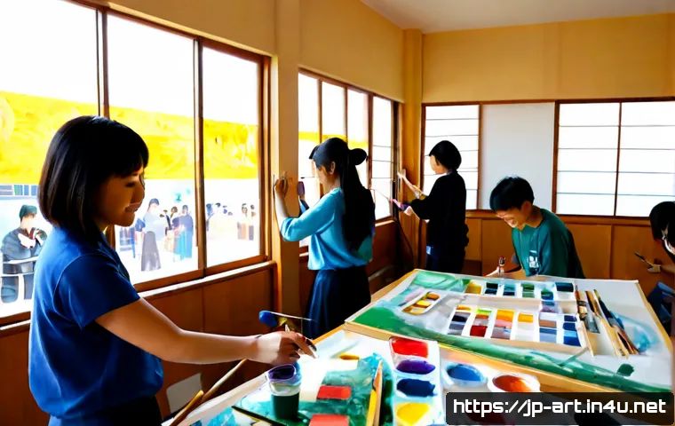미술과 사회적 메시지 - Photorealistic community art workshop in a bright Japanese urban neighborhood, diverse adults and te...